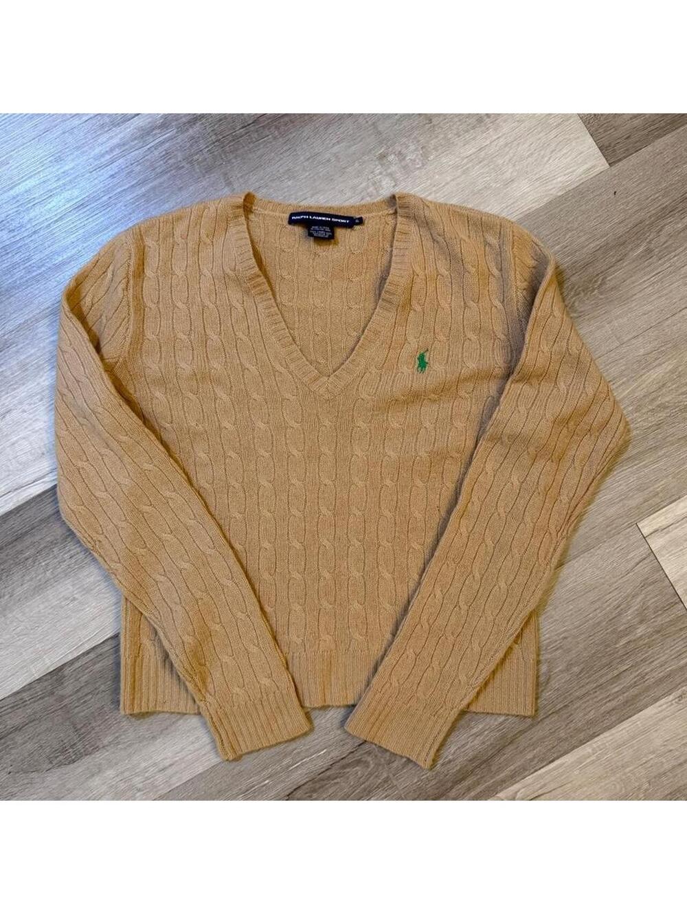 Vintage Ralph Lauren Sport tan cable knit 100% lambs wool sweater in XL